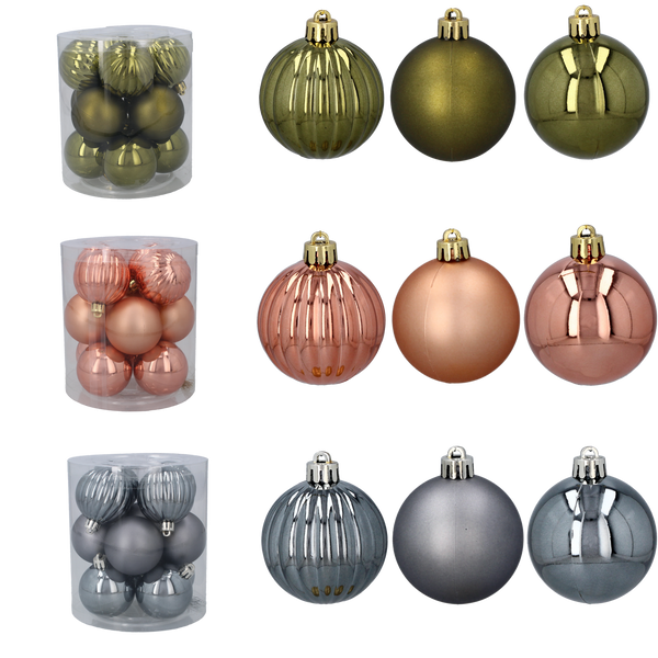 SET OF 12 BAUBLES 5 CM OLIVE/COPPER/GRAPHITE MIX DESIGNS