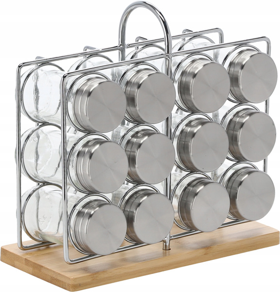 PRZYPRAWNIK PROSTOKĄTNY 22 x 10 x 21,5 CM Z RĄCZKĄ 12 SŁOICZKÓW BAMBUSOWO-SREBRNY *9202