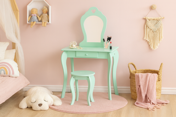 MAŁA TOALETKA KOSMETYCZNA MIĘTOWA Z LUSTREM + TABORET *3549