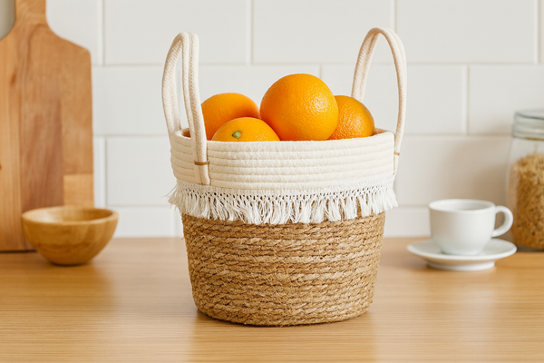 WOVEN BASKET 28 X 20 X 26/36 CM FROM SEAGRASS WITH TASSELS