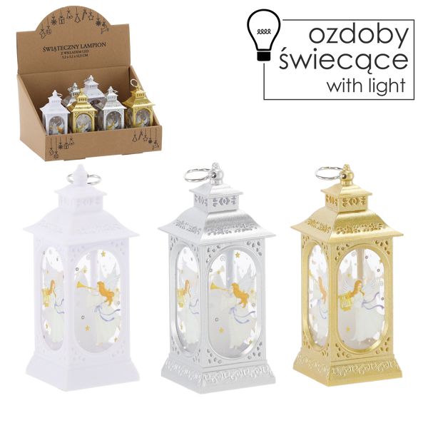 Vianočný lampión 5,2 x 5,2 x 12,5 CM S LED HMODLÍM STRIEBORNÝ/ZLATÝ/BIELY S ANJELOM disp=12ks *2577