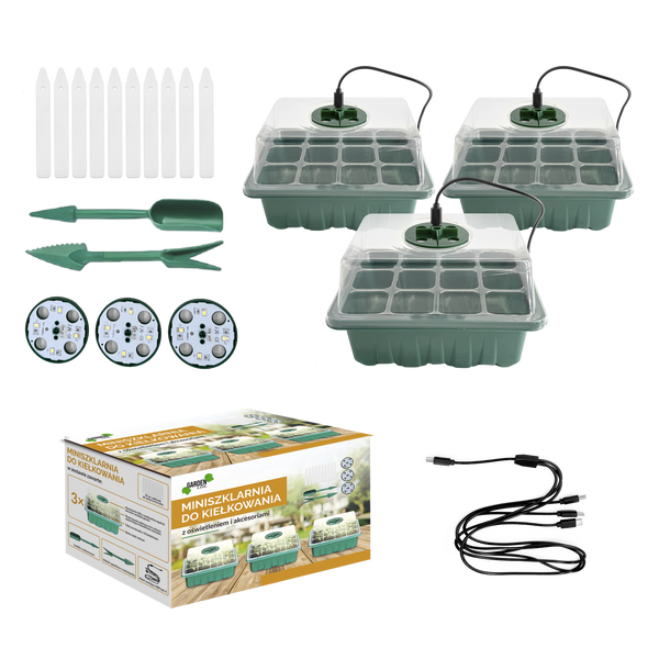 KPL. 3 TACEK 12 KOMÓREK MINISZKLARNIA DO KIEŁKOWANIA Z AKCESORIAMI LED *3791