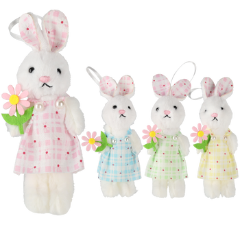 EASTER DECORATION - HANGING 6 x 11 CM BUNNY WITH FLOWER MIX 4 COLORS pack=12pcs