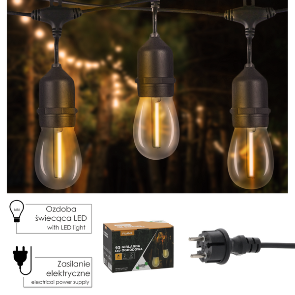 ZÁHRADNÁ GIRLANDA 230 V DĹŽKA 3 + 7 M FILAME 10 LED TEPLÁ BIELA S DRŽIAKMI *1243