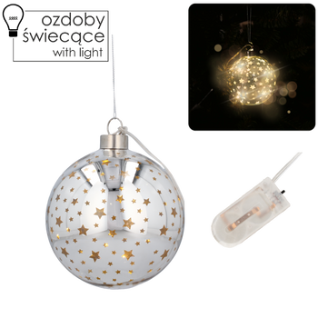 OZDOBA ŚWIĄTECZNA SZKLANA FI 10 CM LED BOMBKA SREBRNA W GWIAZDKI opak=6szt *2782