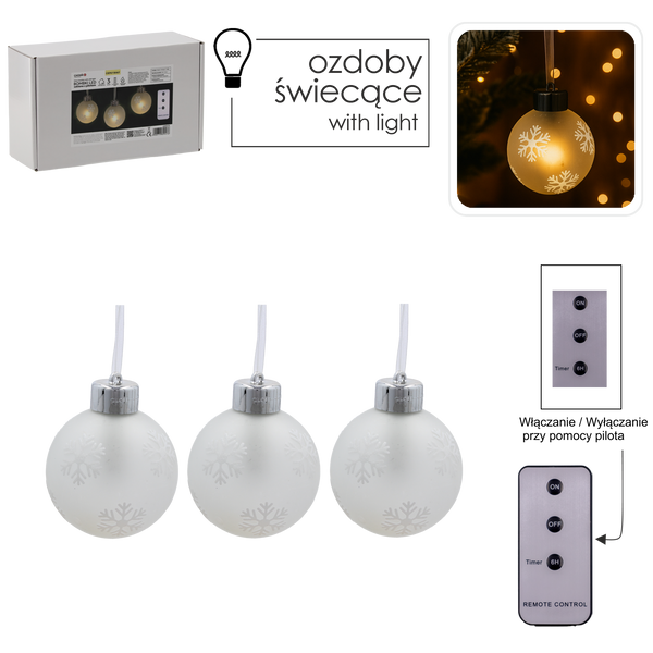 KPL. 3 BOMBEK SZKLANYCH LED ZE ŚNIEŻYNKAMI Z PILOTEM 8 X 10 CM *9476
