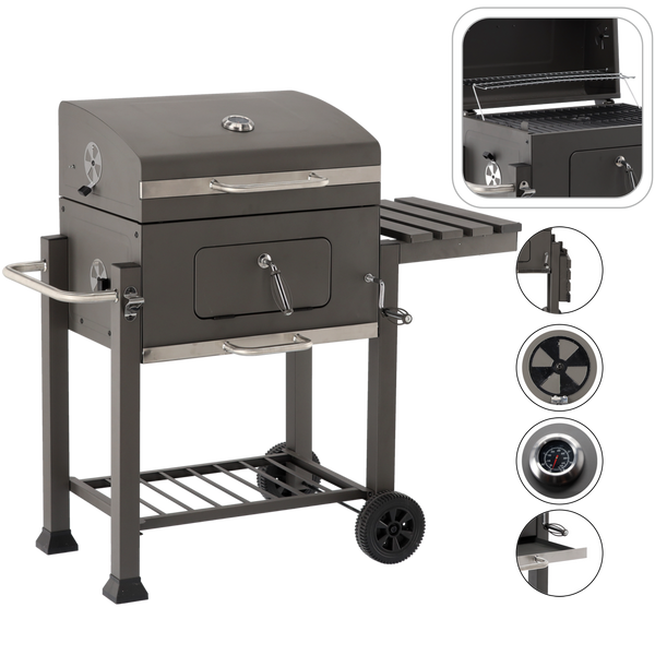 LARGE CHARCOAL GARDEN GRILL WITH LID, CAST IRON GRATE AND CASTORS 114,5 x 60 x 108 CM