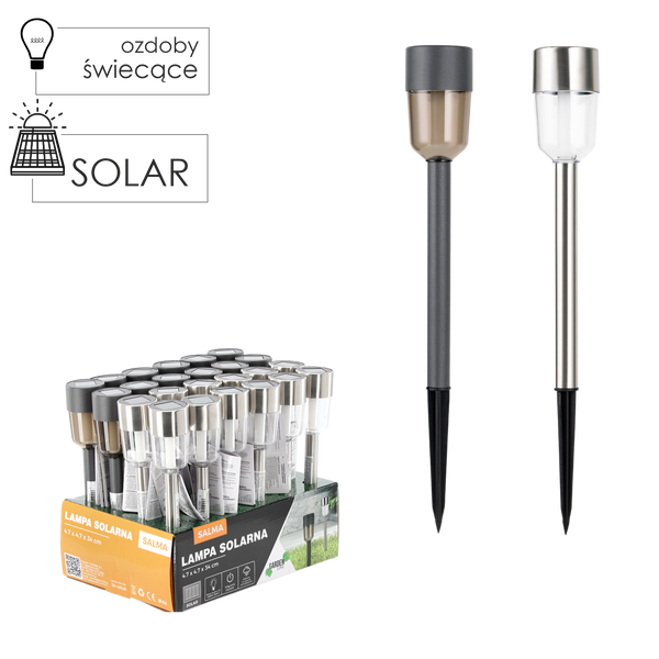 LAMPA SOLARNA SALMA 4,7 x 4,7 x 34 CM SREBRNA TRANSPARENTNA / SZARA DYMIONA CIEPŁY BIAŁY disp=24szt *4306