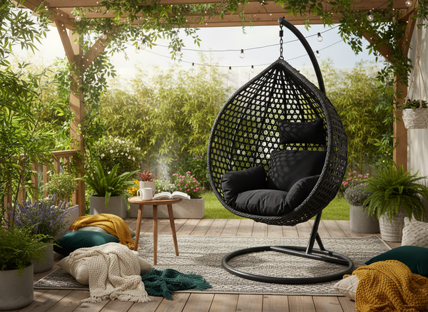 FOTEL WISZĄCY CZARNY, PODUSZKA - CZARNA, RAMA - CZARNA 107 x 68 x 120 CM 