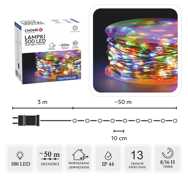 LAMPKI LED DRUCIKI NA SZPULI 500L MULTIKOLOR, DŁ. 3 + 50 M *8547