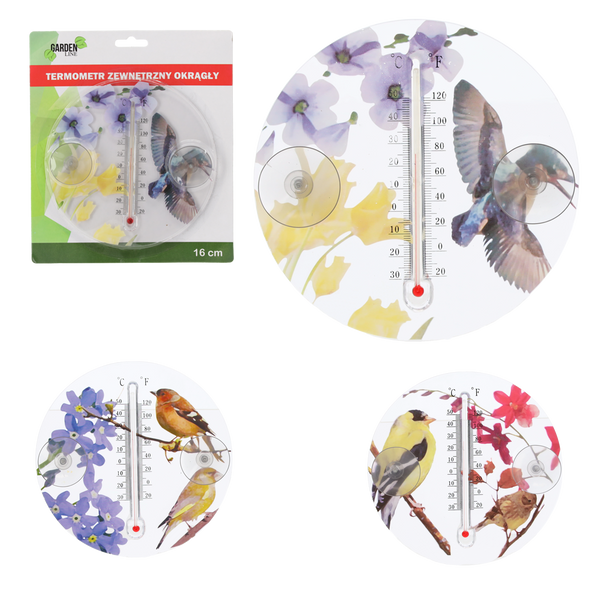 TERMOMETRU EXTERN CU FORMĂ CIRCULARĂ CU PĂSĂRI 16,5 CM MIX MODELE ambalaj=12buc *1830