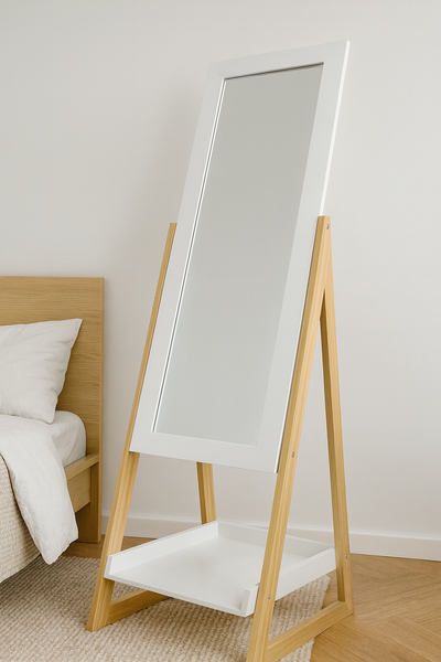 Zrkadlo s drevenými nohami a poličkou 40 x 36 x 150 CM *9740