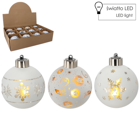 BOMBKA SZKLANA - BIAŁA 8 CM ŚNIEŻKA LED MIX WZORÓW disp=12szt *4167