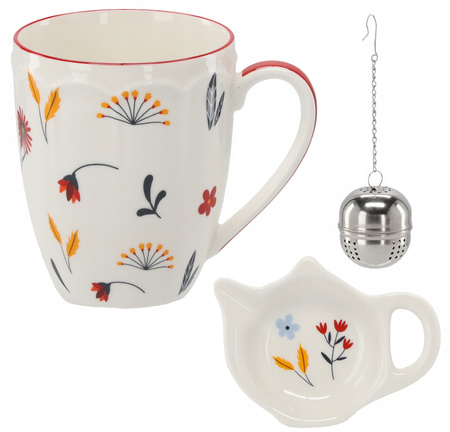 Sada. Porcelánový hrnek 350 ml + porcelánová podložka + květinový čajový sítko *6101
