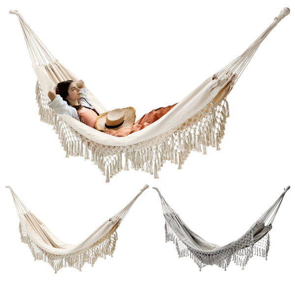 HAMAK S FRANŽAMI BOHO 200 x 150 CM BEŽOVÝ/SIVÝ *3194