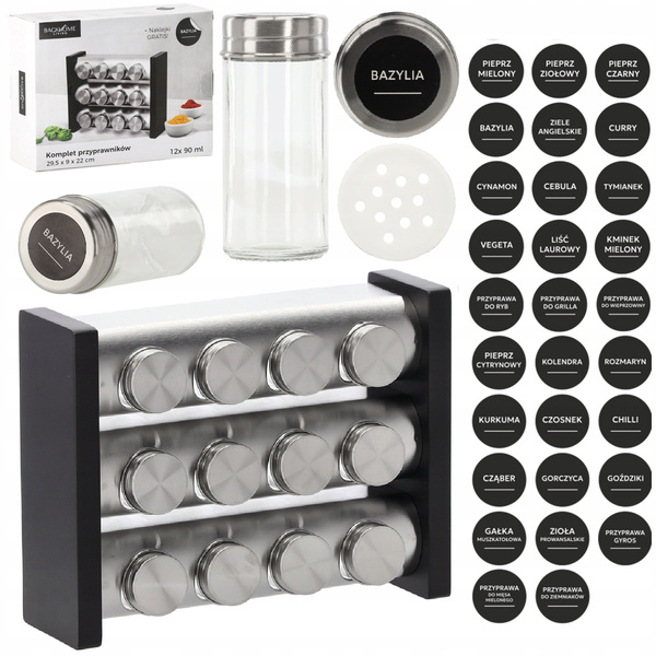 PRZYPRAWNIK TRZYPOZIOMOWY 29,5 x 9 x 22 CM 12 SŁOICZKÓW SREBRNO-CZARNY *9226