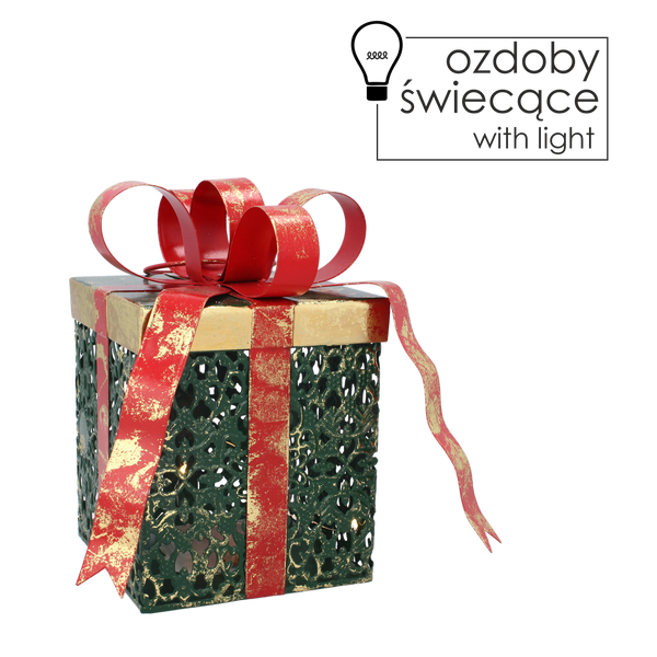 OZDOBA BOŻONAR. - METALOWY KWADRATOWY PREZENT Z KOKARDĄ LED 15 x 12 x 20 CM *5241