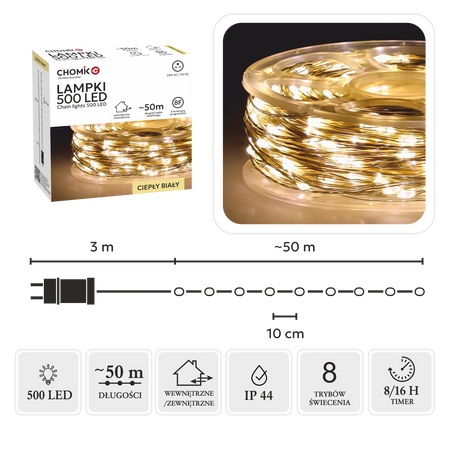 LAMPKI LED DRUCIKI NA SZPULI 500L CIEPŁY BIAŁY, DŁ. 3 + 50 M *8523