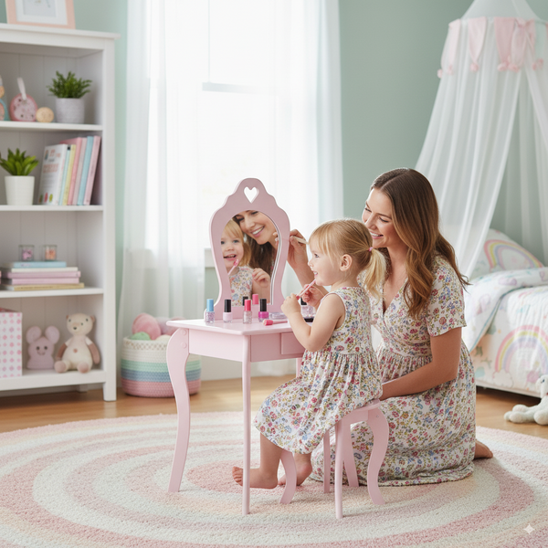 MAŁA TOALETKA KOSMETYCZNA RÓŻOWA Z LUSTREM + TABORET *0403