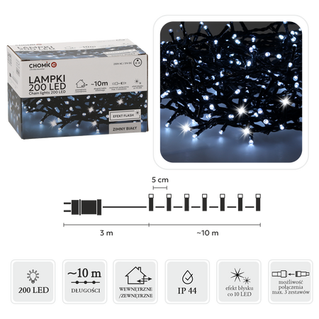 LAMPKI LED 200L ZIMNY BIAŁY + ZIMNY FLASH, DŁ. 3 + 10 M WEWN/ZEWN *9485