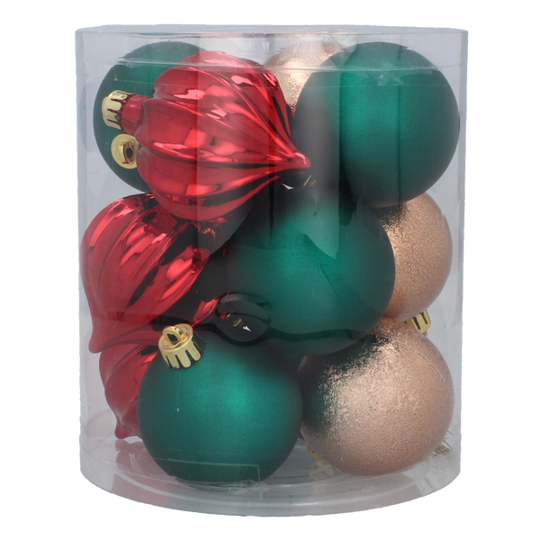 SET OF 12 BAUBLES 6 CM RED/GOLD/GREEN