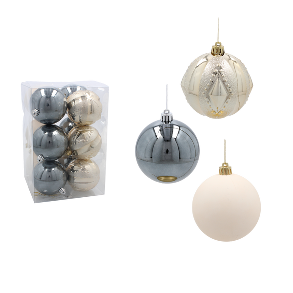 SET OF 12 ORNAMENTS 8 CM CHAMPAGNE/GRAY/WHITE
