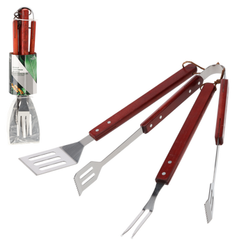 SET OF 3 GRILL ACCESSORIES WITH WOODEN HANDLE SPATULA/TONGS/FORK