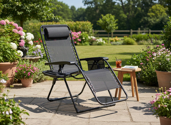LEŻAK OGRODOWY "ZERO GRAVITY" SKŁADANY Z PODSTAWKĄ, KIESZONKĄ I ZAGŁÓWKIEM CZARNY 65 x 176 x 110 CM