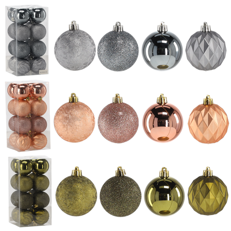 Set de 16 globuri de 6 cm verde olive/cupru/grafit mix de modele *7207