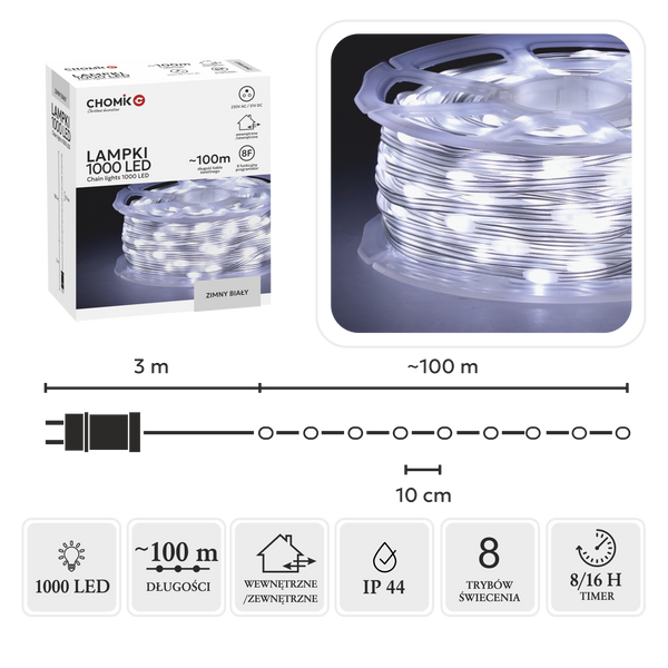 LAMPKI LED MICRO NA SZPULI 1000L ZIMNY BIAŁY, DŁ. 3 + 100 M *8561