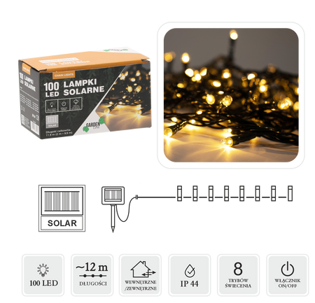 LAMPKI LED SOLARNE 100L CIEPŁY BIAŁY, DŁ. 2 + 10 M *9904