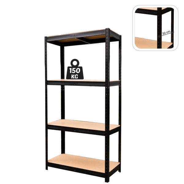 REGAŁ 4-POZIOMOWY 150 x 70 x 30 CM CZARNY UDŹWIG PÓŁKI: 150 KG *0582