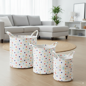 ZESTAW 3 OKRĄGŁYCH KOSZY NA PRANIE/ZABAWKI KROPKI