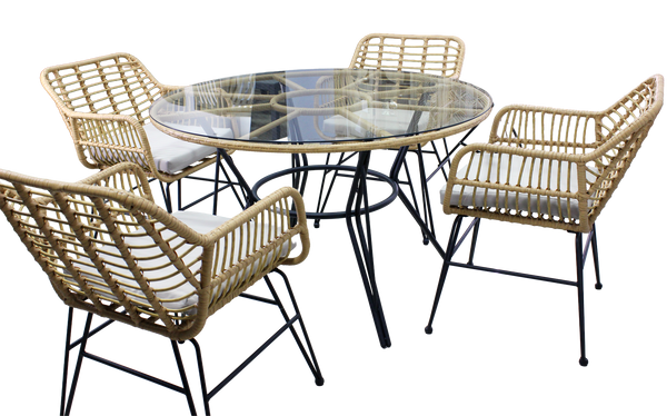 GARDEN FURNITURE SET (TABLE, 4 CHAIRS) - BROWN, CUSHIONS - GREY