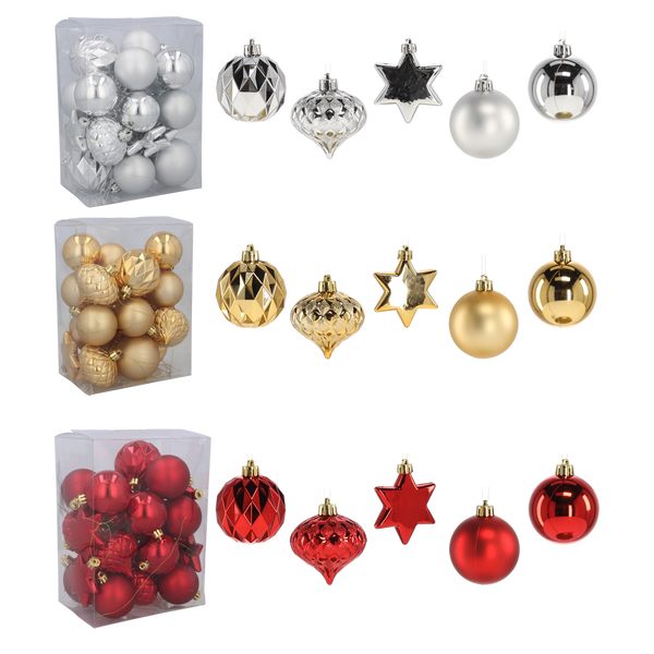 SET OF 23 BAUBLES RED/GOLD/SILVER