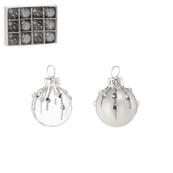SET OF 12 GLASS ORNAMENTS - SILVER-TRANSLUCENT
