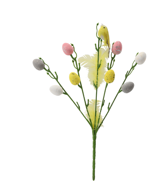 VEĽKONOČNÁ DEKORÁCIA NA ŠPICE - VETVIČKA S VTÁČIKOM A VAJÍČKAMI 30 CM MIX 2 FARIEB *9595