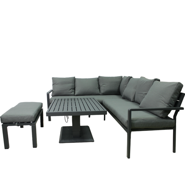 ZESTAW MEBLI ALUMINIOWYCH (SOFA NAROŻNA + PUFA + STOLIK) SZARY + SZARE PODUSZKI *9422