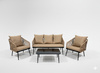 ZESTAW MEBLI OGRODOWYCH Z PLECIONEJ LINY (2 FOTELE + SOFA + STOLIK) - BEŻOWY, PODUSZKI - BEŻOWE