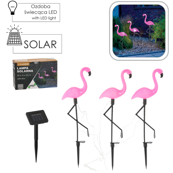 LAMPA SOLARNA 25 x 15 x 53 CM 3 FLAMINGI 6 LED ZIMNY BIAŁY *6087