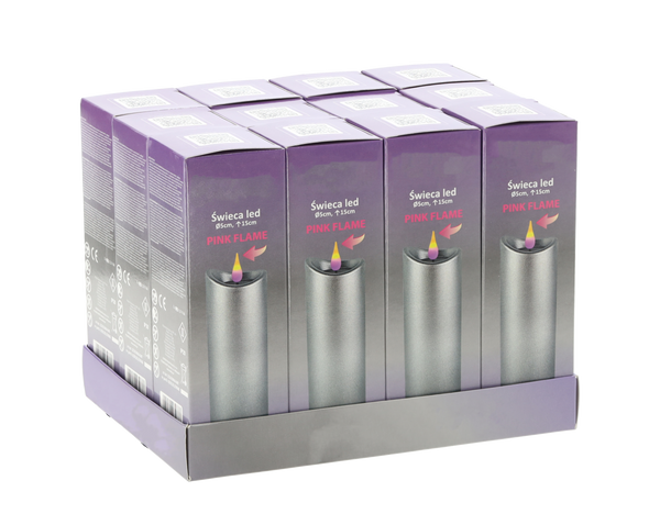 LED CANDLE 5CMX15CM WITH BATTERIES SILVER PINK FLAME*9686