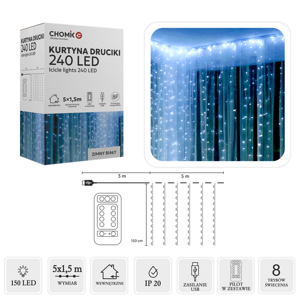 KURTYNA ŚWIETLNA DRUCIKI 240L ZIMNY BIAŁY, 5 x 1,5 M, USB, Z PILOTEM *8486
