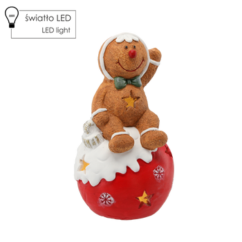 FIGURINĂ DE CRĂCIUN - OMUL DE ZAHĂR ȘEDÂND PE O BOMBĂ 19 X 17 X 35 CM LED *0974