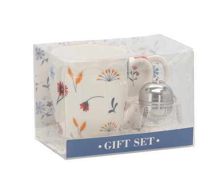 Sada. Porcelánový hrnek 350 ml + porcelánová podložka + květinový čajový sítko *6101