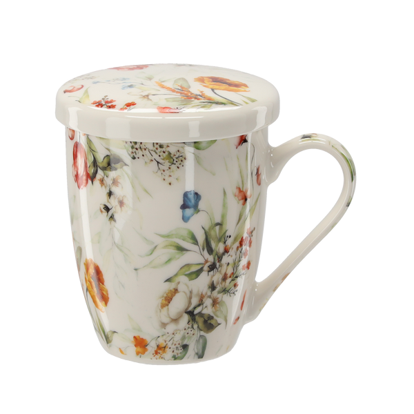 KUBEK PORCELANOWY Z ZAPARZACZEM I POKRYWKĄ 340 ML MIX KWIATOWYCH WZORÓW *1872