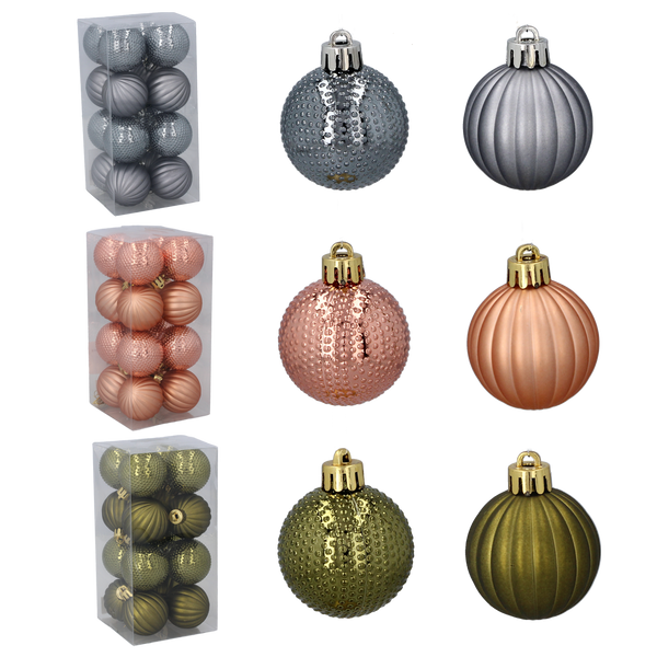 SET OF 16 BAUBLES 4 CM OLIVE/COPPER/GRAPHITE MIX DESIGNS