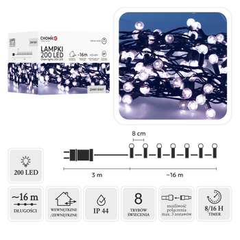 LAMPKI LED CHERRY BALL 200L ZIMNY BIAŁY, DŁ. 3 + 16 M *9973