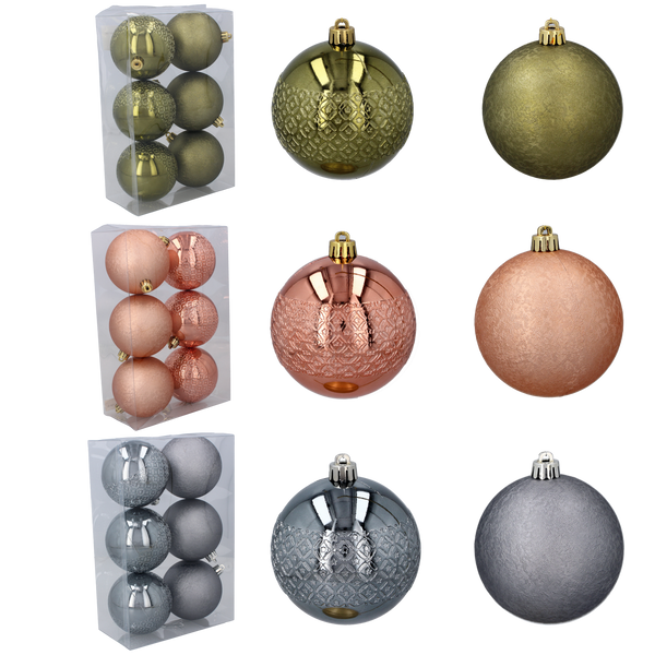 SET OF 6 BAUBLES 8 CM OLIVE/COPPER/GRAPHITE MIX DESIGNS
