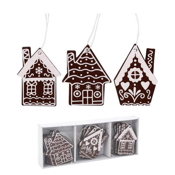 SET OF 18 WOODEN CHRISTMAS DECORATIONS DARK BROWN ASSORTED 3 DESIGNS HOUSES