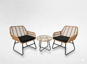 GARDEN FURNITURE SET (2 CHAIRS, TABLE) - BROWN, CUSHIONS - BLACK